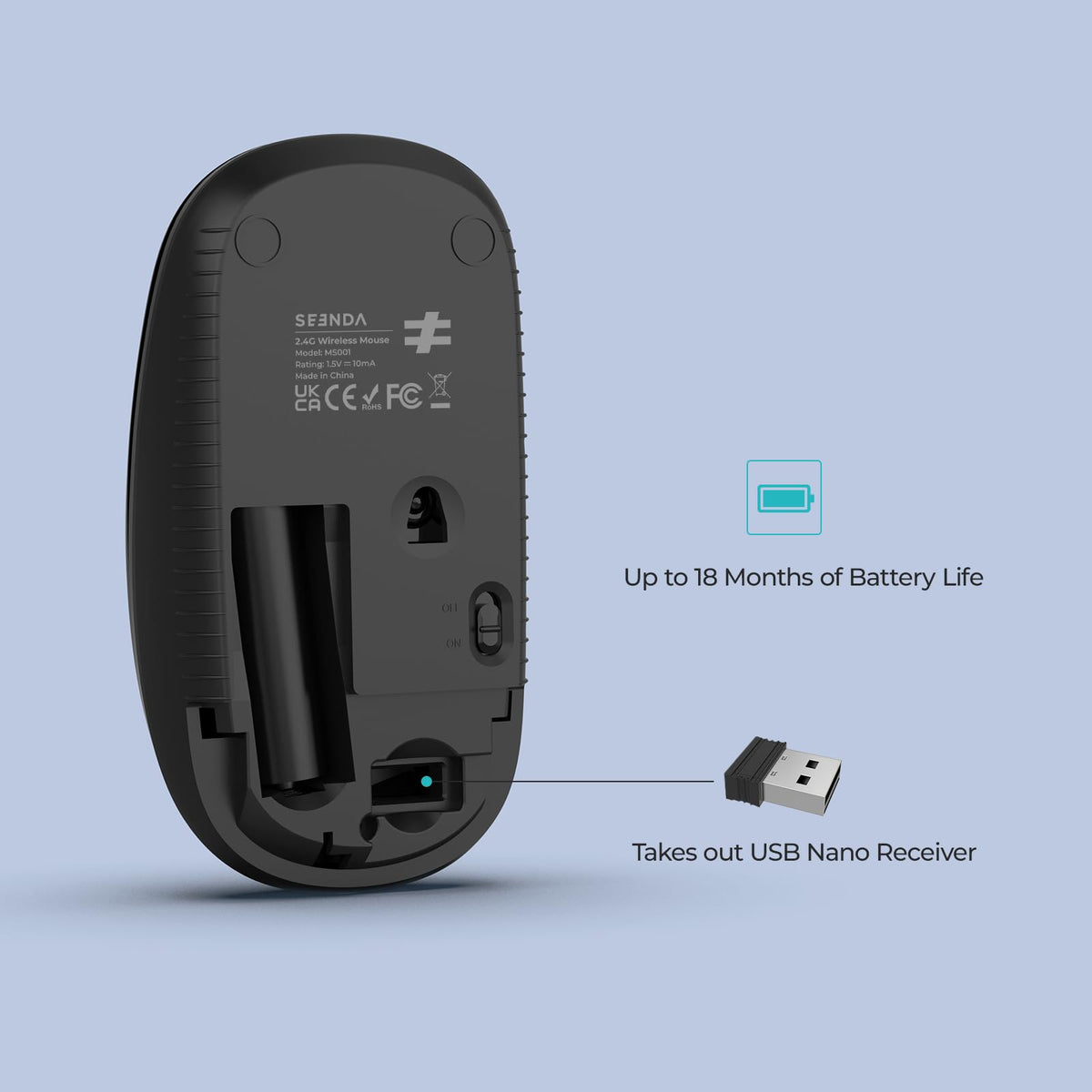 Seenda Wireless Mouse, Silent with 2.4G USB Receiver, Black