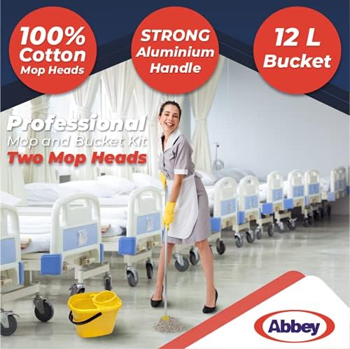 Abbey Professional Mop and Bucket Set Heavy Duty with Wringer and Two Traditional Cotton Mop Heads for Cleaning Floors – Strong Aluminum Mop Handles – Mop Bucket Capacity 12L with Pouring Lip (Red)