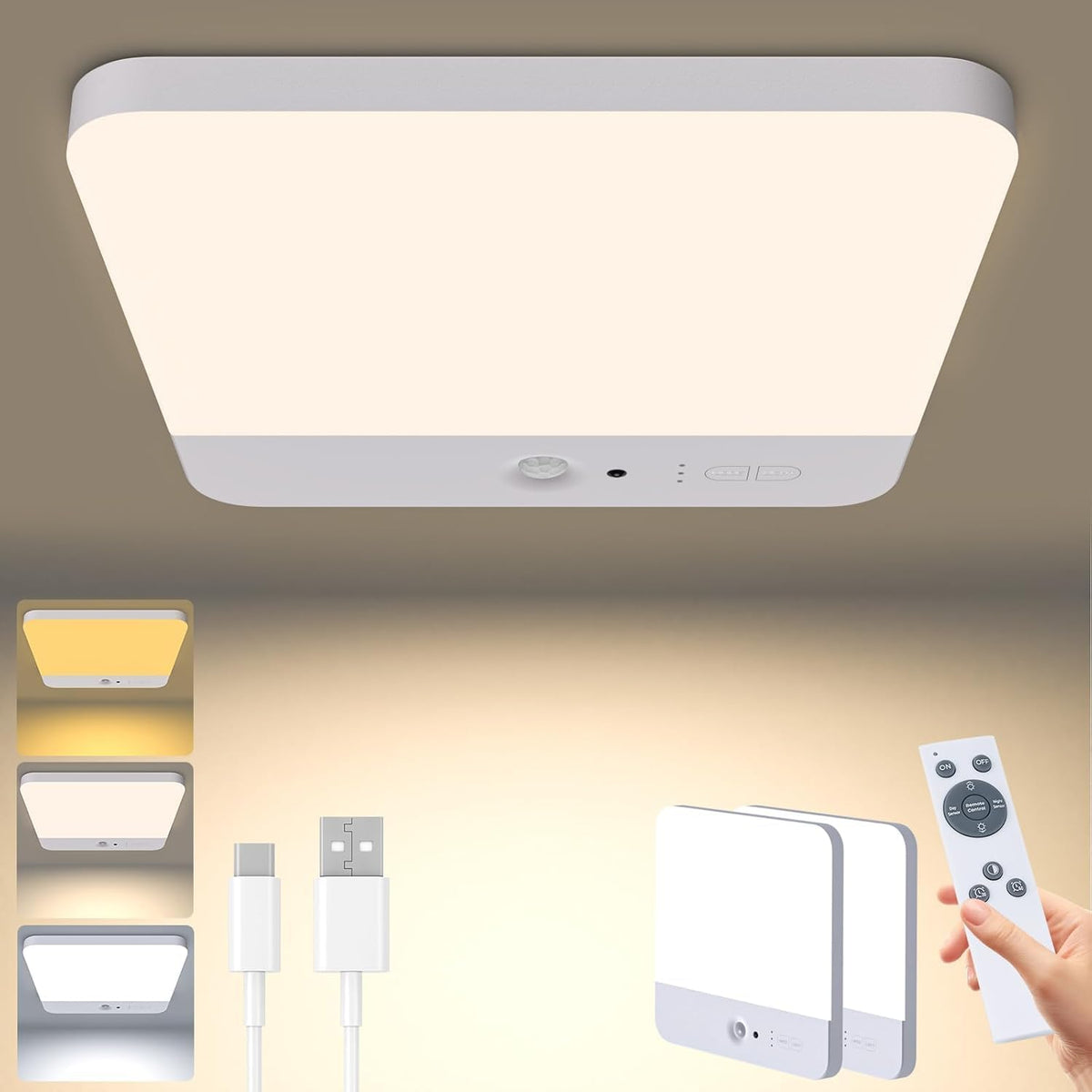 Motion Sensor Rechargeable LED Ceiling Light, Size 7.3", White, 1PCS