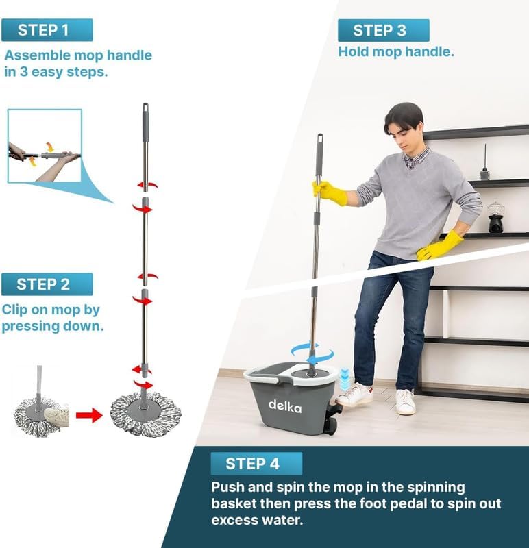 delka Spin Mop and Bucket Set – Easy Foot Pedal Water Removal, 360° Swivel Motion, Includes 2 Microfibre Mop Heads, All-Surface Cleaning, Splash Guard for Clean Mopping (Spin Mop Grey and White)