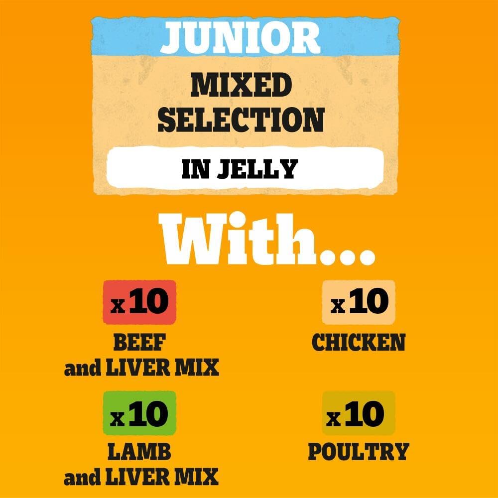 PEDIGREE Puppy Dog Food Pouches Chunks in Jelly, 40 x 100g Multipack, Four Flavours (with Beef & Liver, Chicken, Lamb & Liver and Poultry)
