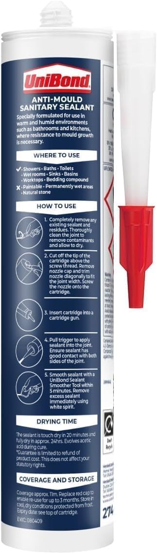 UniBond Kitchen & Bathroom Mould-Resistant White Sealant, 1 x 280 ml