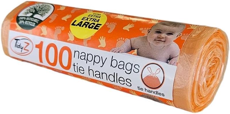 600 TidyZ Extra Large Disposable Nappy Bags. With Tie Handles. Made with a minimum of 30% Recycled Plastic. On a roll for Safety. Suitable for babies nappies, wipes, travel waste. 6 rolls of 100 bags