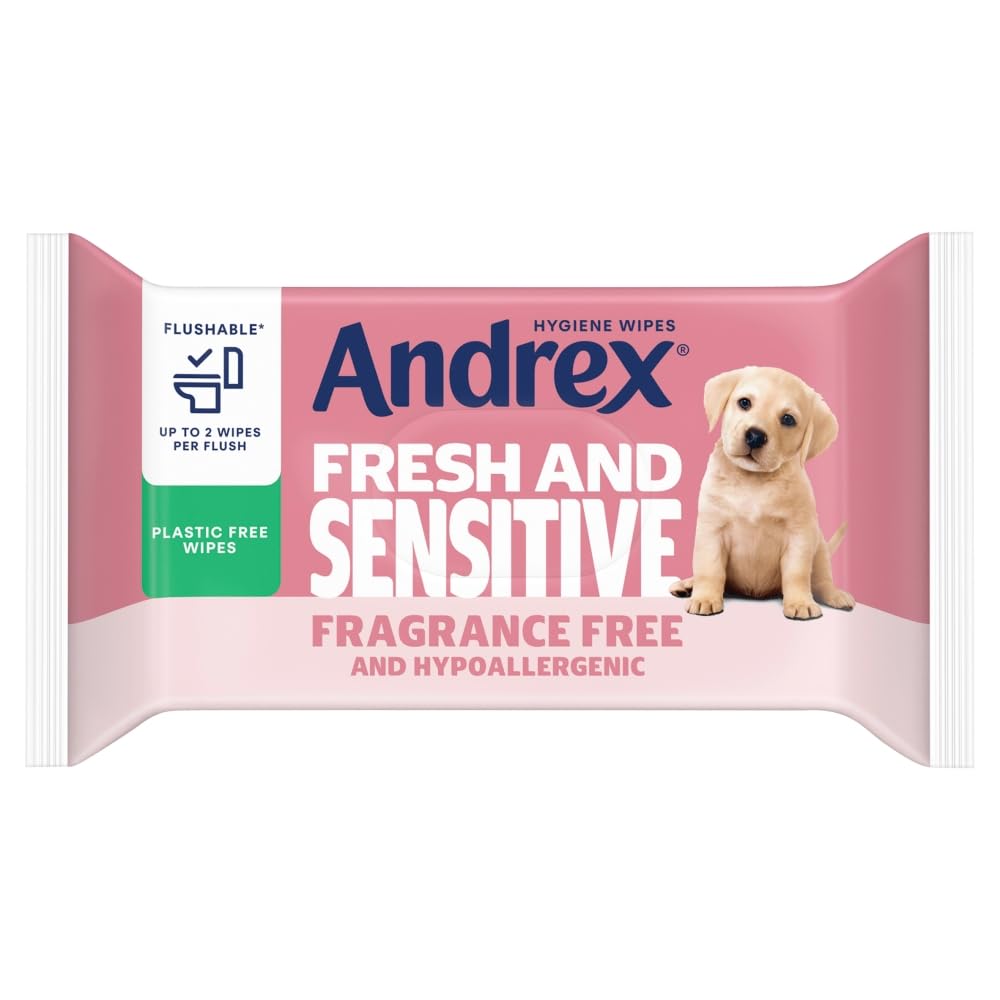 Andrex Fresh & Sensitive Hygiene Wipes, 12 Pack; Flushable Moist Toilet Tissue, Hypoallergenic and Fragrance Free Wet Wipes for Sensitive Skin (30 Sheets x 12 Packs ), FSC Certified
