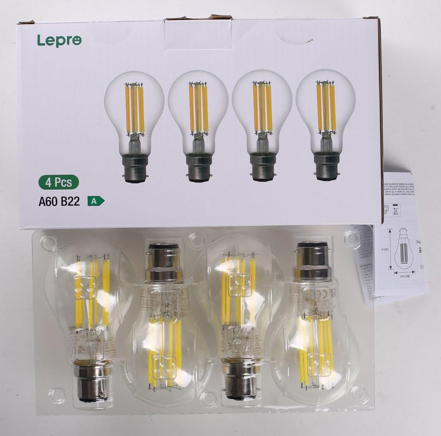 Lepro 1520lm Bayonet Light Bulb A-Rated, 7.2W = 100W, Warm White, Pack of 4