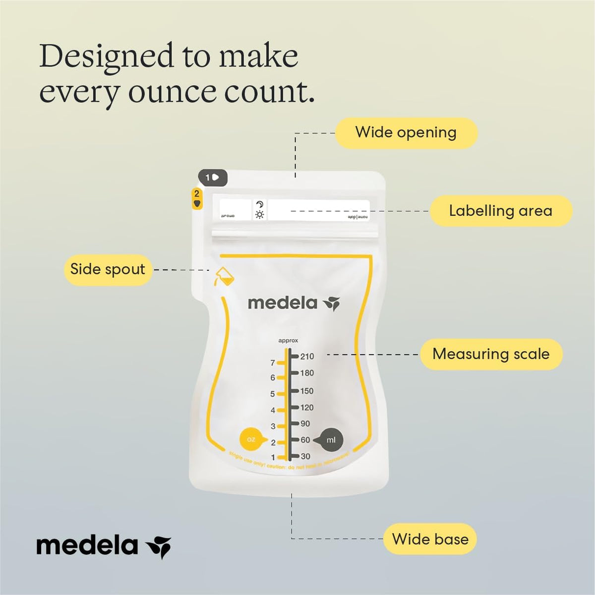 Medela Easy Pour Disposable Breastmilk Storage Bags, 210 ml Capacity, Leakproof Design with Milk Protection, Made Without BPA, Pack of 50