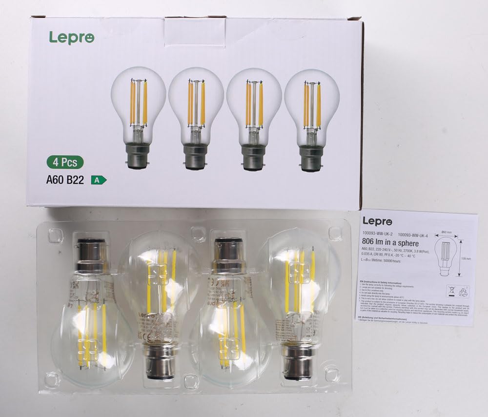Lepro Bayonet Light Bulb A-Rated, 3.8W = 60W, 806lm, Warm White, Pack of 2