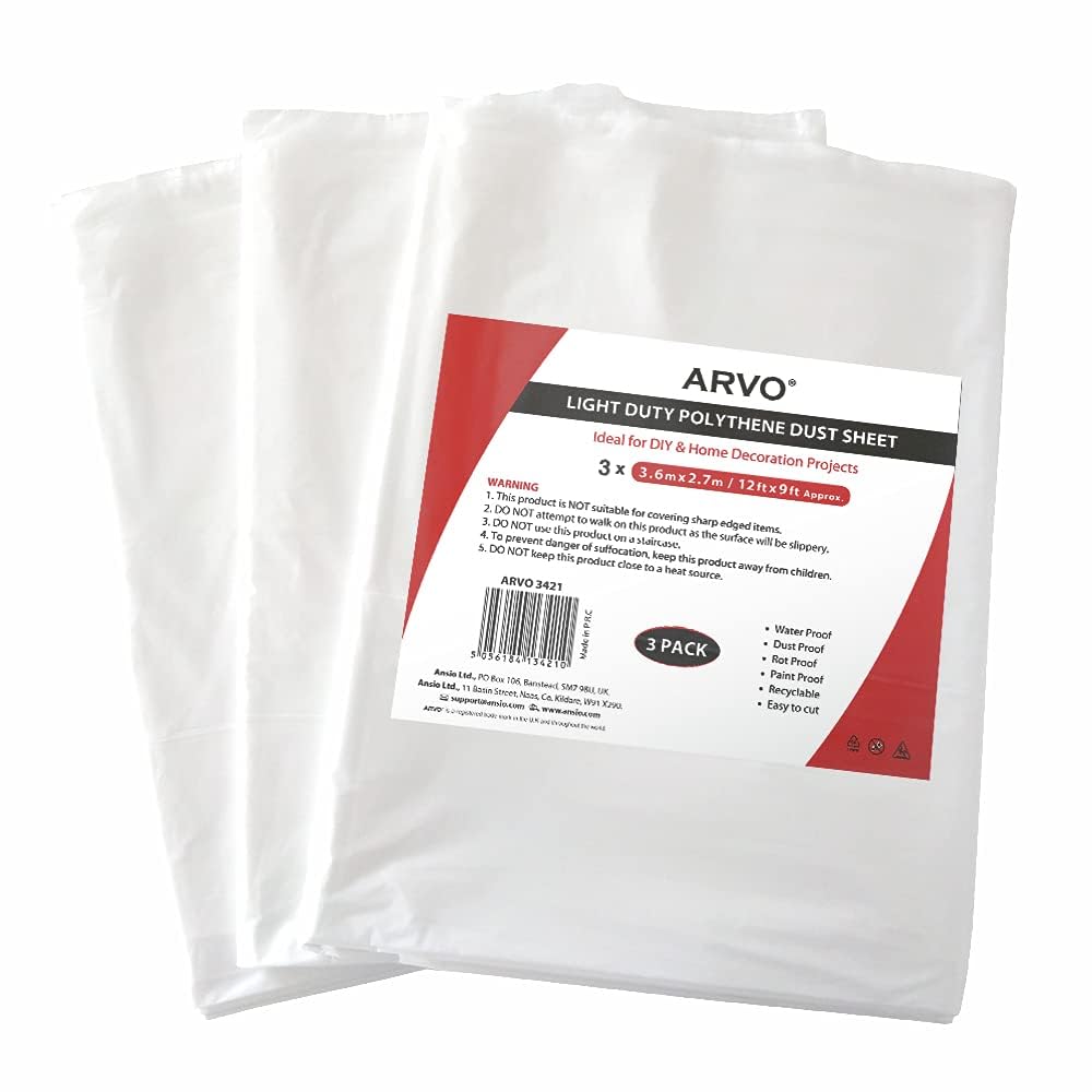 ARVO 6 Pack Extra Large Plastic Dust Sheets for Decorating - 3.6m x 2.75m (12ft x 9ft), Waterproof Polythene for Painting, Furniture, Floor Protection, Packaging May Vary