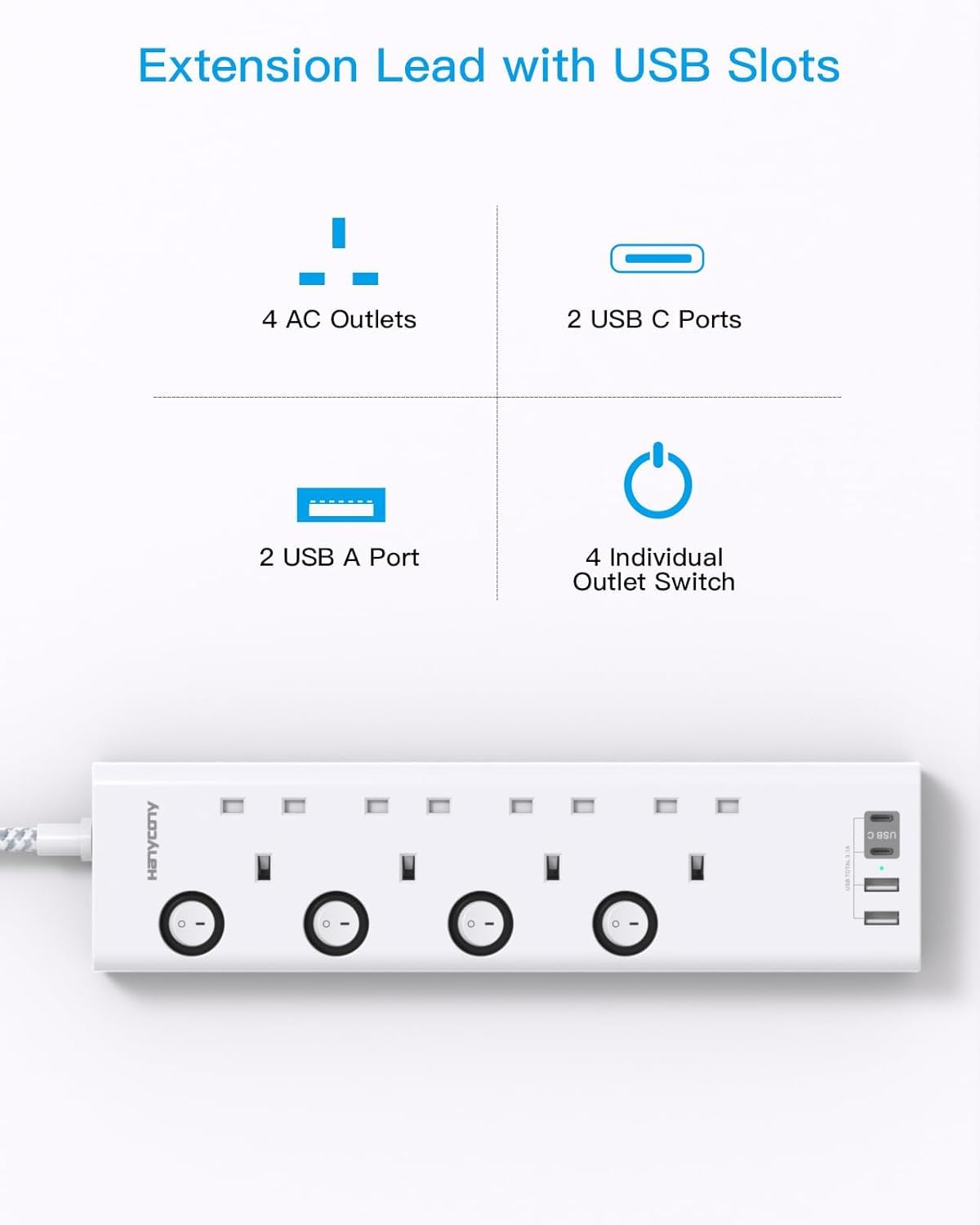 Extension Lead with USB Slots(2 USB C), 4 Way Plug Extension Socket, 1.8M
