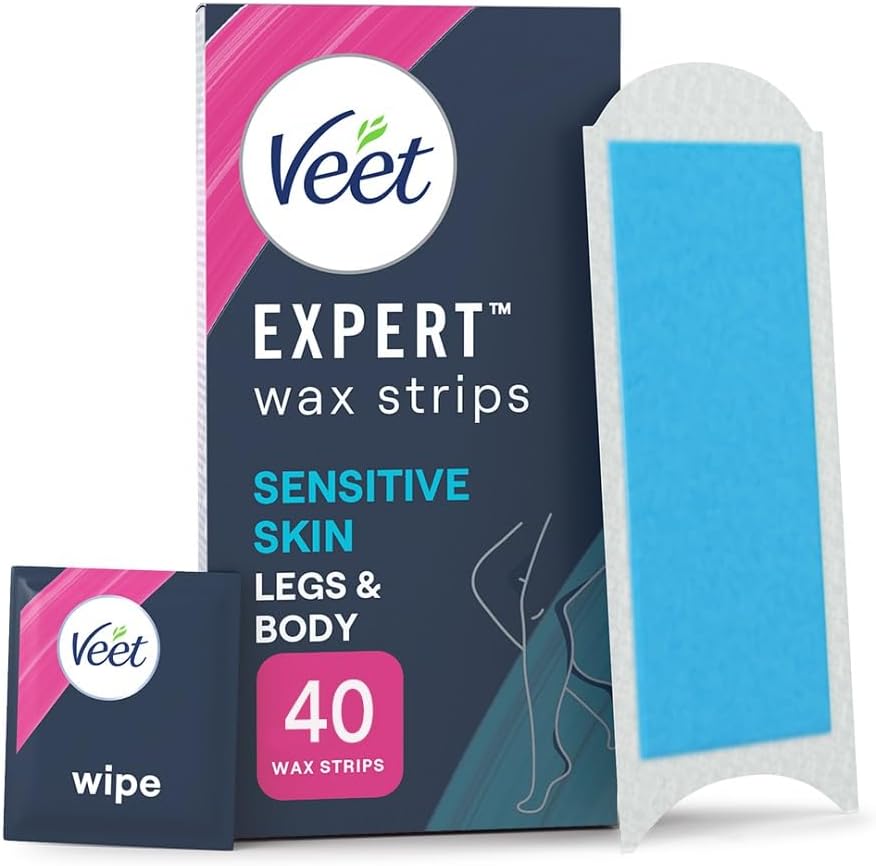 Veet Expert Legs & Body Cold Wax Strips, Sensitive Skin, 40 Strips, 4 Wipes