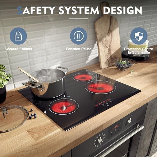 NOXTON Ceramic Hob, Built-in 4 Zone Electric Hobs 60cm Noise-free Auto Shut-off Safe Lock Heat Indicator Black Glass Panel Cooktop with Touch Controls