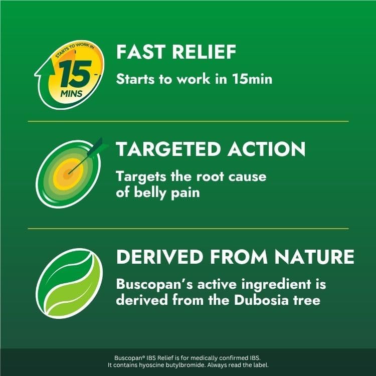 Buscopan, Targeted Belly Pain Relief, Starts to Work in 15 mins, 40 Tablets