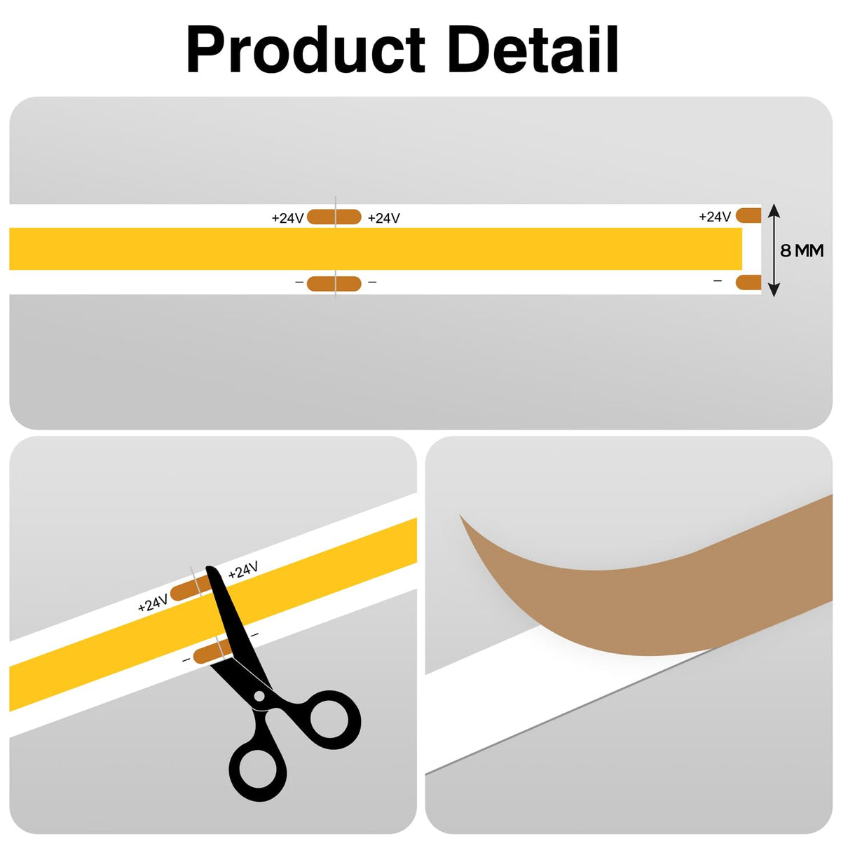 COB LED Strip 7.5m Warm White, 3000K, 24V, Remote Control, 8mm Wide