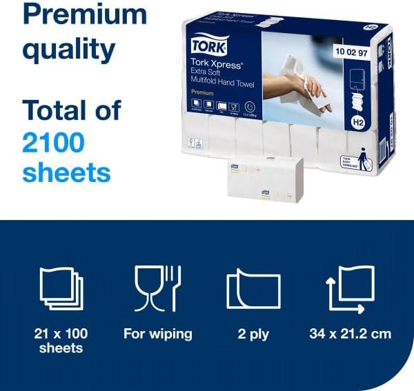 Tork D8217 Extra Soft Multifold Hand Towel, White, Pack of 2100, 21x100 sheets