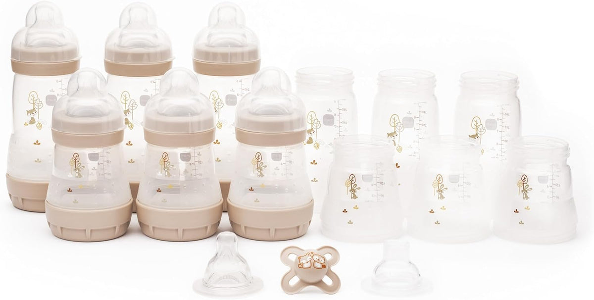 MAM Easy Start Anti-Colic Bottle Starter Set | Includes 4X Feeding Bottles and MAM Original Start 0-2 Month Soother | Self-Sterilising | Baby Gift Set of Newborn Essentials | White (Various Designs)