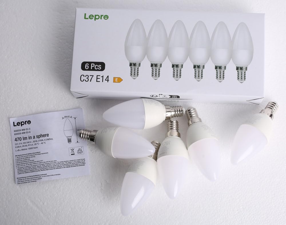 Lepro C37 E14 LED Light Bulb, Warm White 2700K, 4.2W=40W, 470LM, Pack of 6