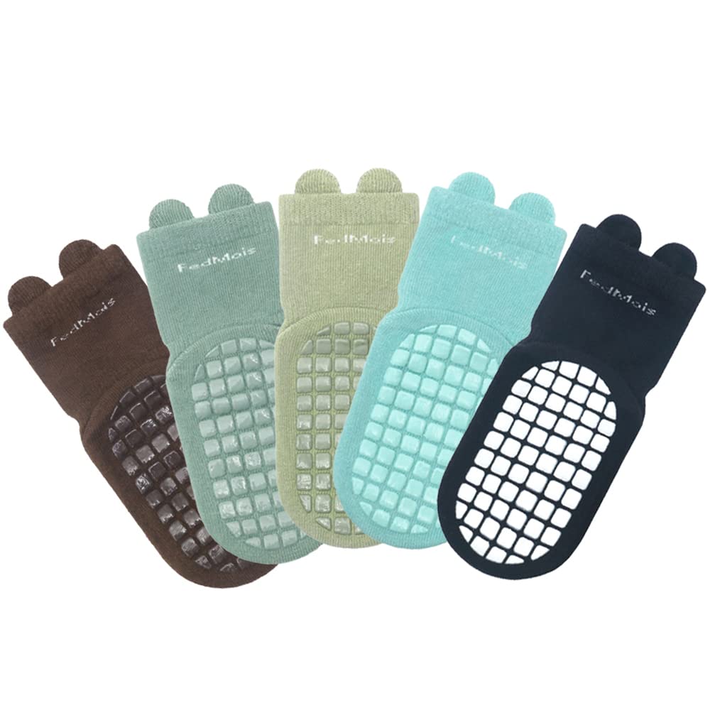 FedMois 5 Pairs Baby Kids Anti-slip Socks Cotton non skid Ankle Socks Animals