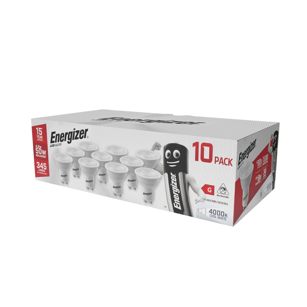 Energizer GU10 LED Bulbs Daylight White - 6500K 50W Halogen Spotlight Equivalent – 345LM - Non Dimmable. Pack of 5