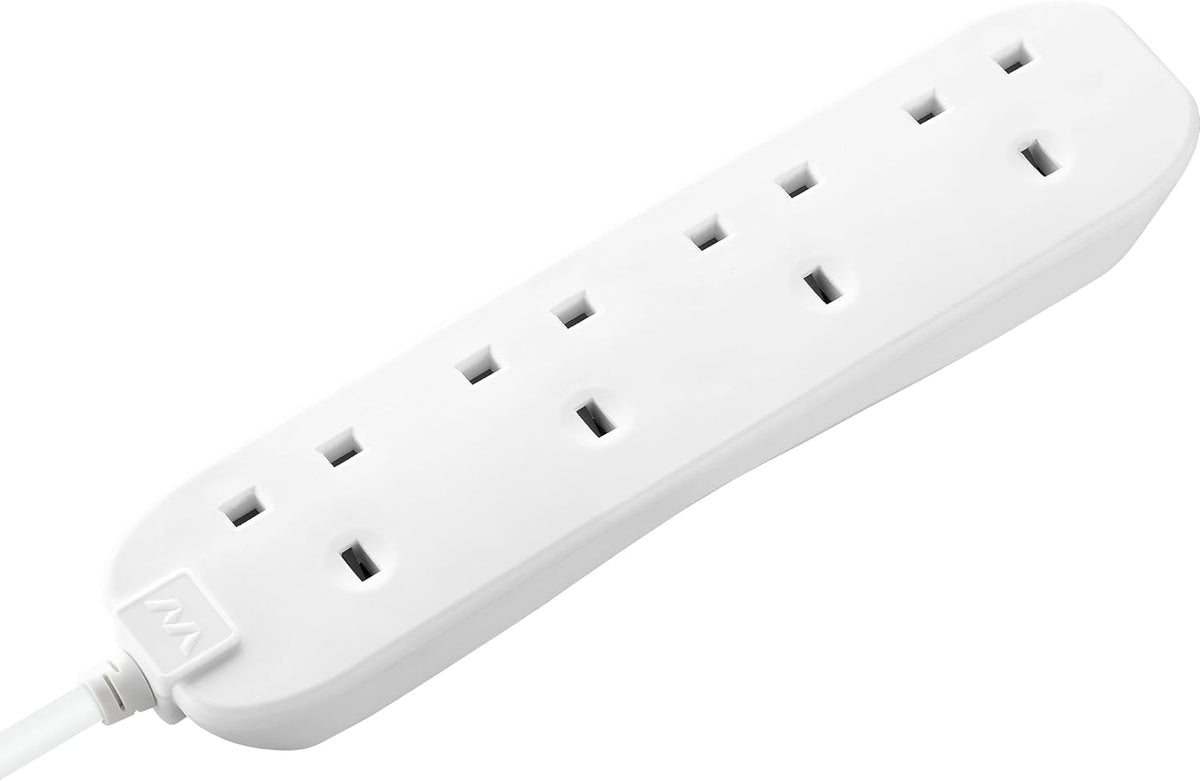 Masterplug Four Socket Extension Lead, 3 Metre Cable, Unswitched, 4-Way Plug Extension Cable, Power Strip, Basic Power, White, 13A, 4G, 3m, BFG3N