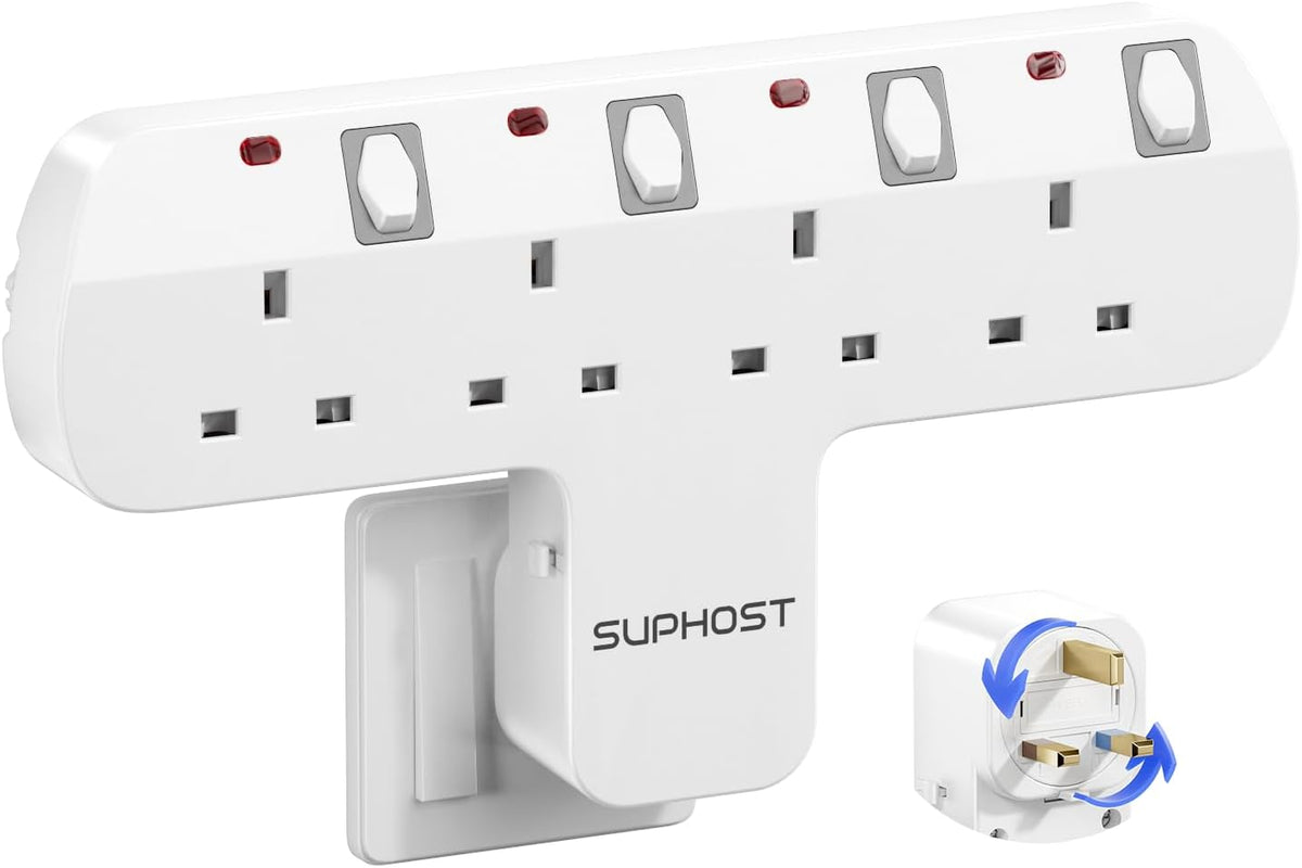 Plug Extension Socket, 4 Way Plug Adapter with 180 Degree Rotating UK Plug, 13A Fused Multi Plug Adaptor with 4 Independent Switches, Wall Socket Extension for Home Office Kitchen