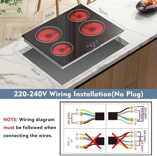 NOXTON Ceramic Hob, Built-in 4 Zone Electric Hobs 60cm Noise-free Auto Shut-off Safe Lock Heat Indicator Black Glass Panel Cooktop with Touch Controls