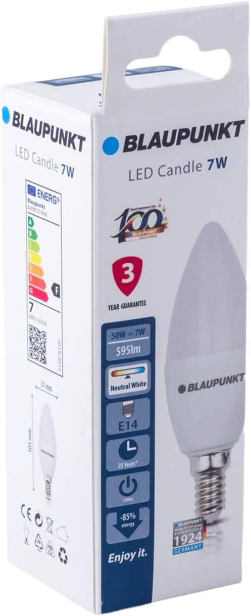 Blaupunkt E14 LED Light Bulb Candle Shape – 10W (Equivalent to 80W - 100W), 820 Lumens, 4000K Neutral White LED – Non‑Dimmable, E14 Screw Base, Energy‑Efficient Home Lighting – Pack of 1