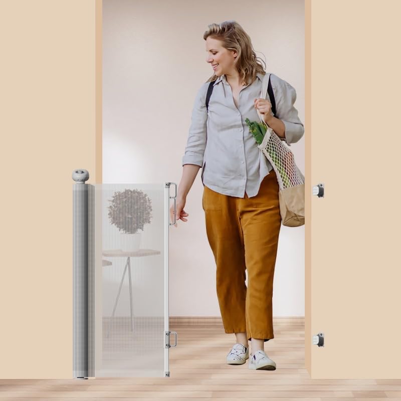 Retractable Baby Gate 87cm x 130 cm Stair Safety Gate Roll for Babies and Pets, dogs, Extendable Barrier Gates (White)