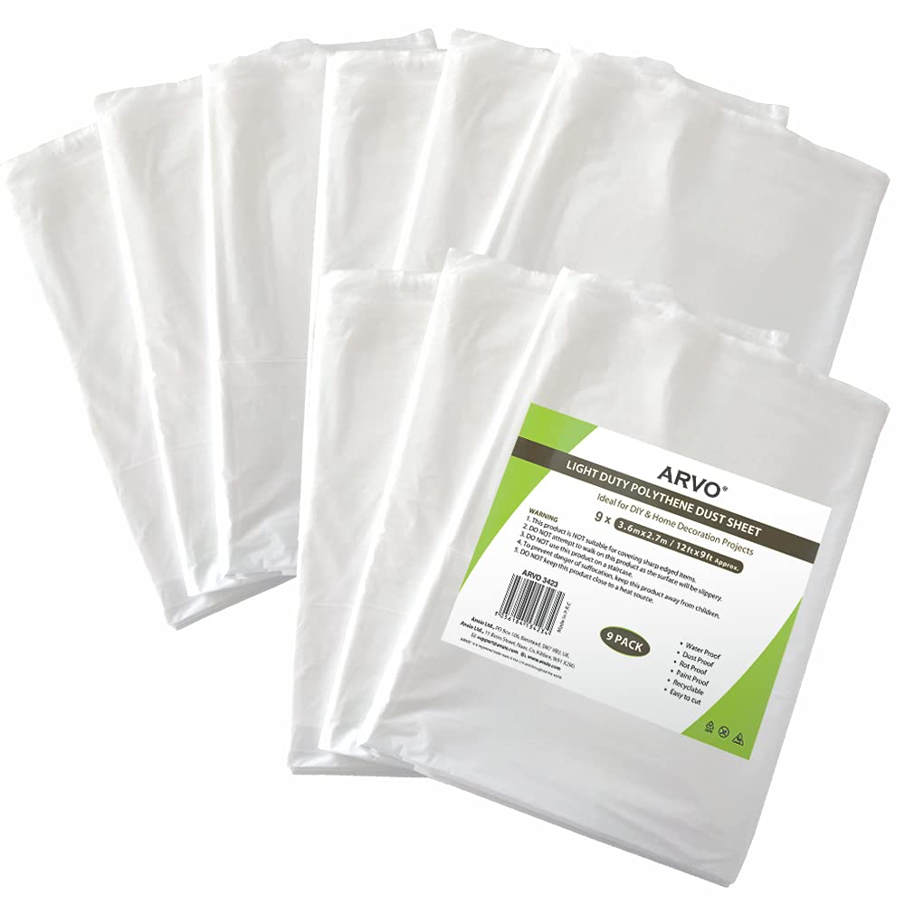 ARVO 6 Pack Extra Large Plastic Dust Sheets for Decorating - 3.6m x 2.75m (12ft x 9ft), Waterproof Polythene for Painting, Furniture, Floor Protection, Packaging May Vary