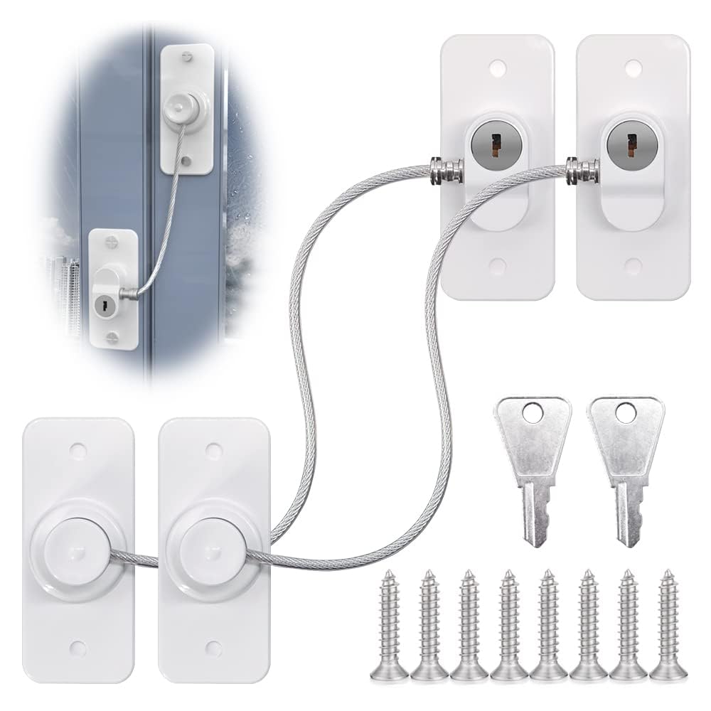 8Pcs Window Locks for UPVC Windows, MIVITOOM Window Cable Restrictor Window Safety Locks with Keys and Screws for Child & Pet Safety, Self Adhesive