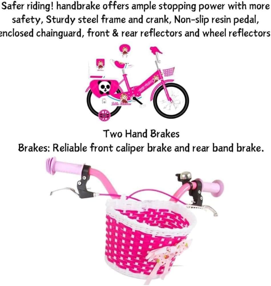 Pink Girls Bike 16" with Stabilisers, Basket & Bell — Adjustable Seat & Handlebars