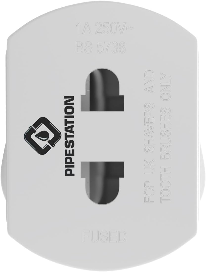 Pipestation Shaver Plug Adaptor UK – 2 Pin to 3 Pin Toothbrush Adapter Plug, 1A Fused Converter for Oral-B, Philips, Braun and Remington Chargers – White