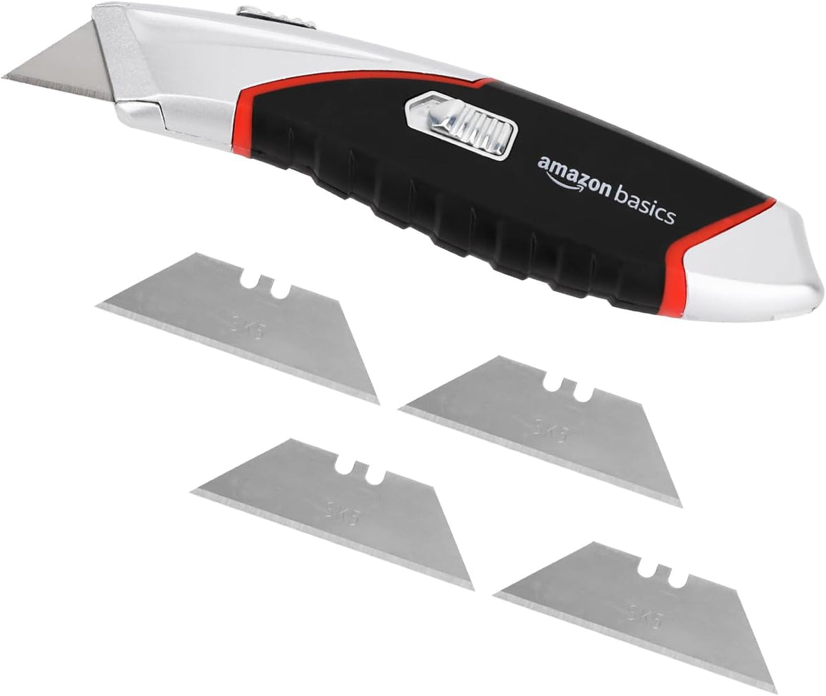 Amazon Basics Heavy Duty Retractable Auto-Load Ergonomic Utility Knife 3-Position Locking Blade with 4 Replaceable Blades in Designed Storage, Black/Silver