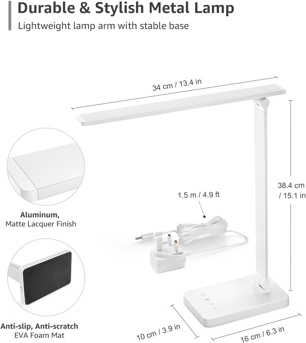 Lepro LED Desk Lamp, 700lm Office Desk Lamp with USB Charging Port, White