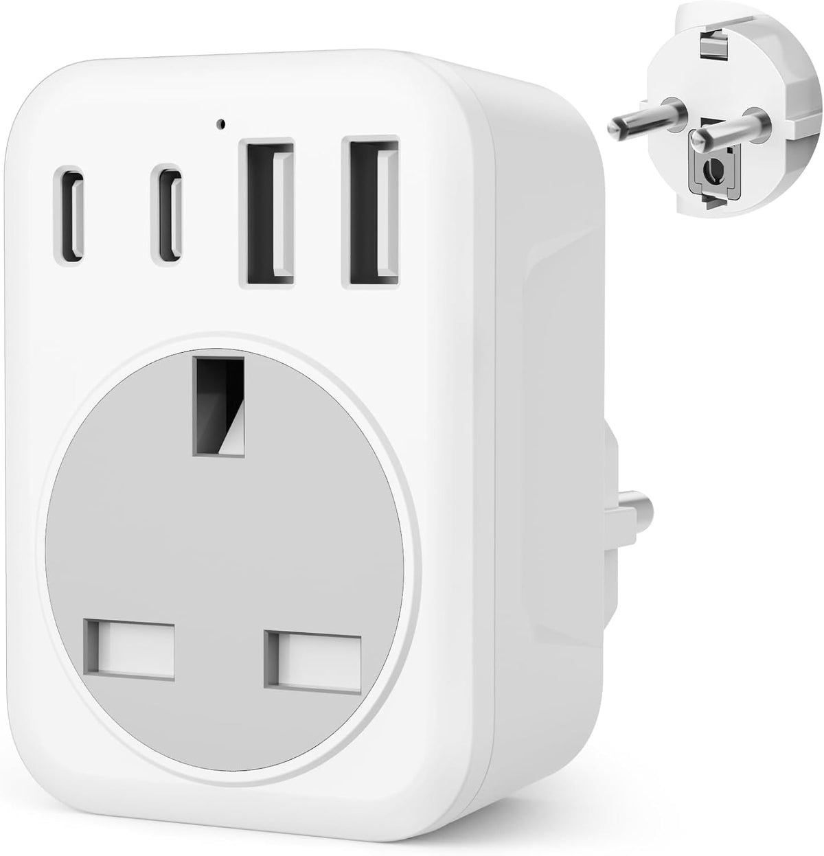 UK To European Plug Adapter,5 IN 1 European Travel Adaptor with 2 USB C & 2 USB A,Grounded EU Plug Adapter for Germany Spain France Turkey Greece etc (Type E/F)