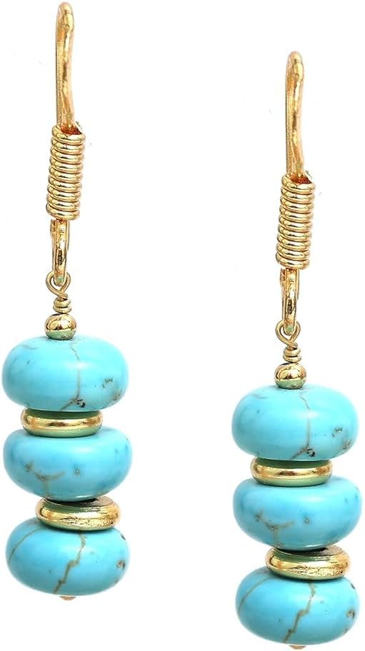 Gempires Natural Gemstone Rondelle Bead Earrings for Women | 8mm Beaded Drop Dangle Earrings | Gold Plated Hypoallergenic Hook Jewelry | Handmade Lightweight Crystal Earrings