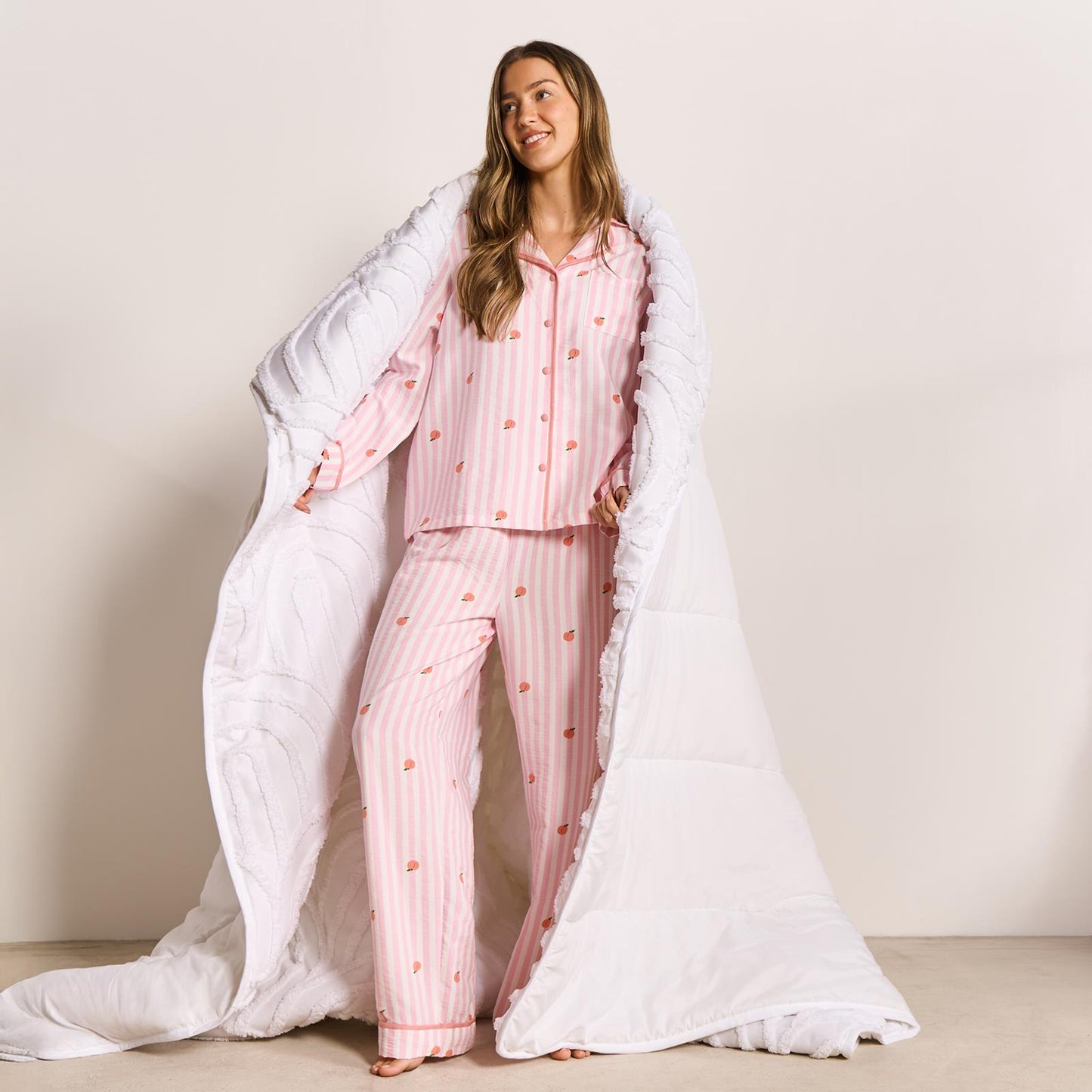 OHS Stripe Pyjama Set Womens Seersucker Button Through Soft Nightwear Loungewear