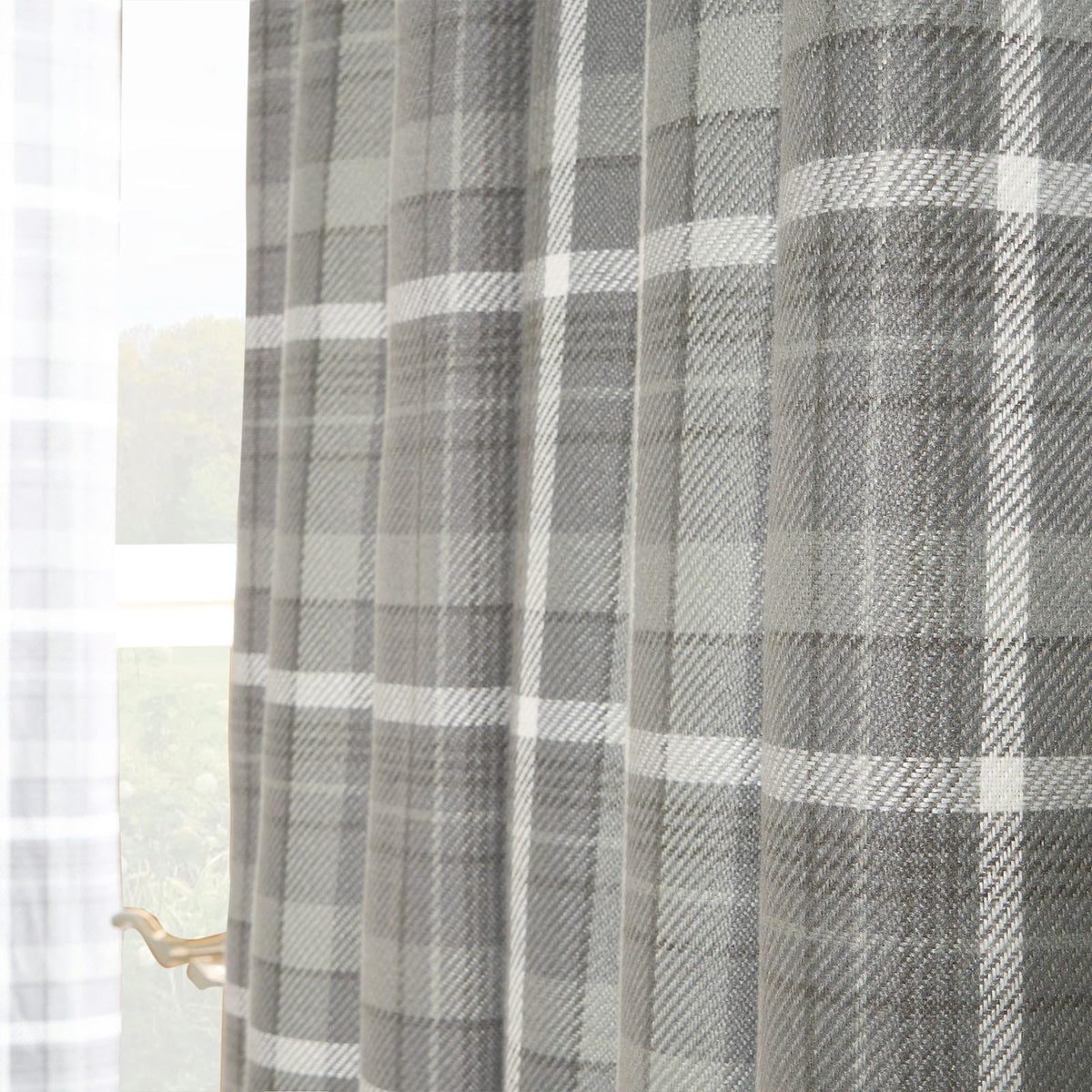 OHS Check Eyelet Curtains Pair Thermal Ring Top Textured Woven Ready Made