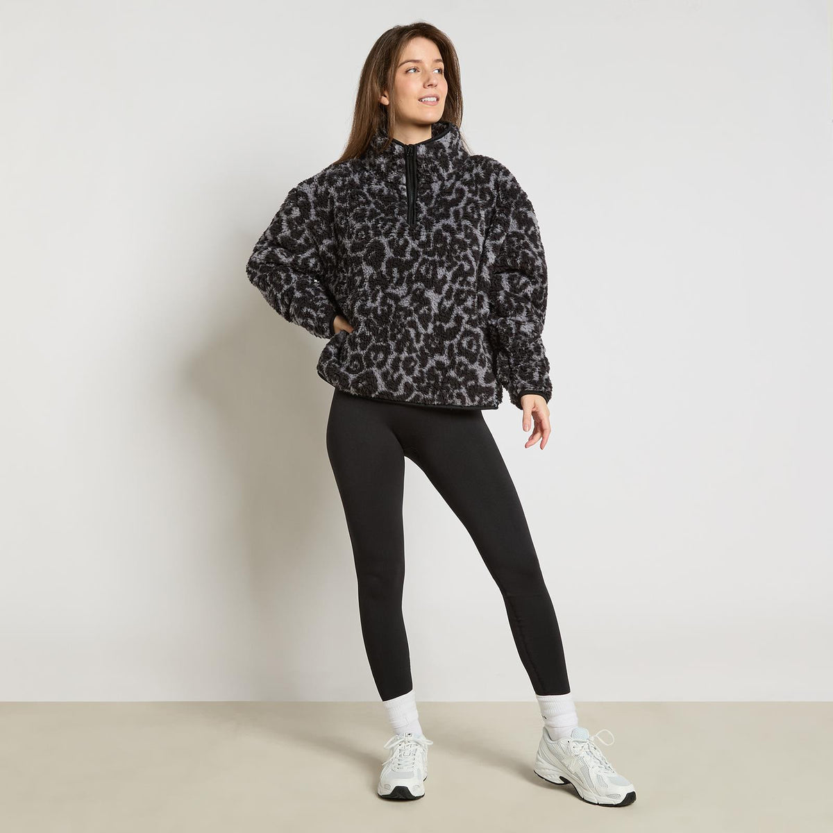 OHS Print Teddy Fleece Half Zip Jumper Womens Pullover Sweatshirt Long Sleeve