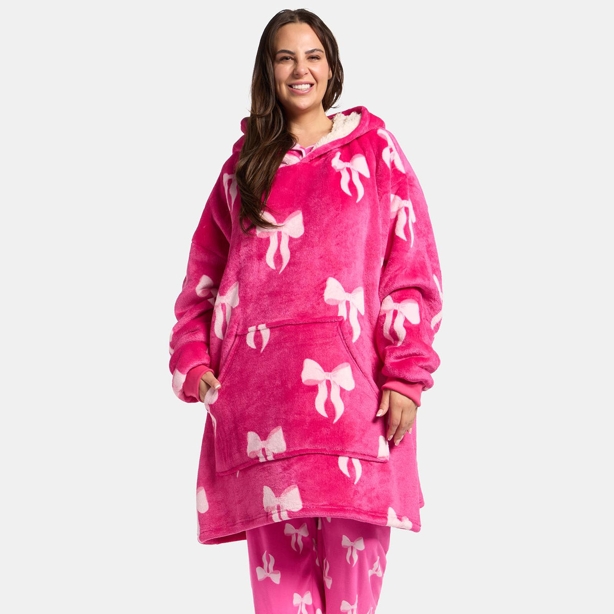 OHS Bows Print Hooded Blanket Adult Kids Sherpa Lined Winter Family Hoodie