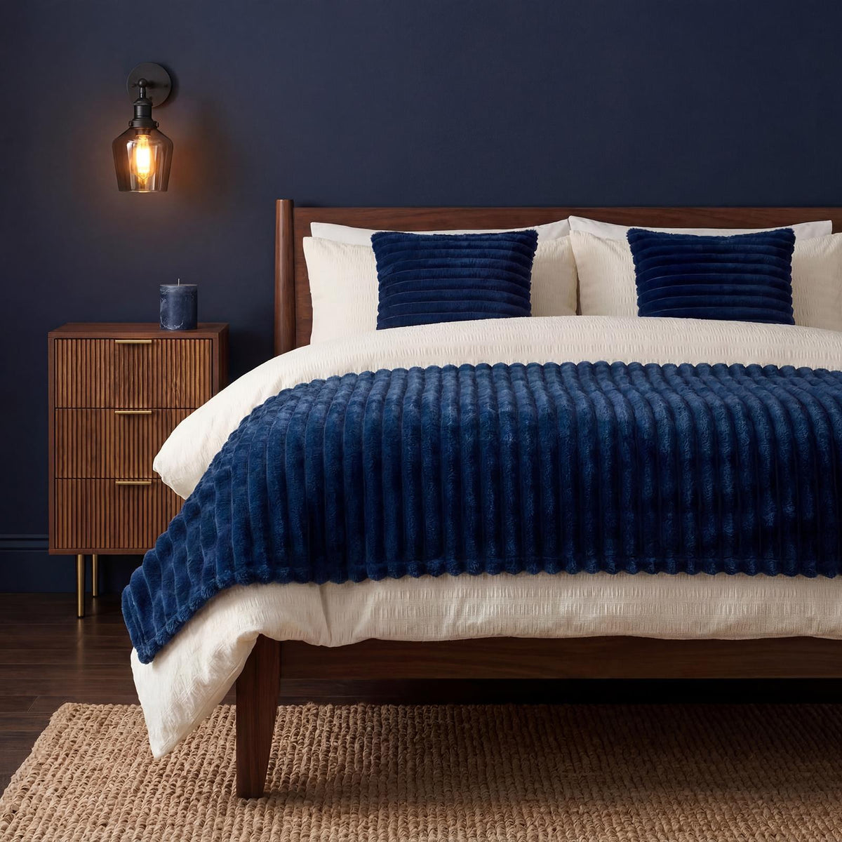 OHS Faux Fur Ribbed Fleece Throw Over Bed Blanket Warm Supersoft