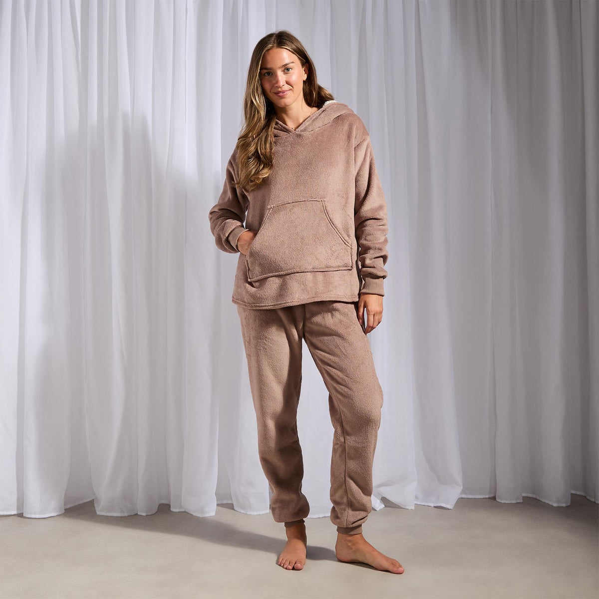 OHS Fleece Loungewear Set Coral Winter Sherpa Nightwear 2-Piece Hoodie Jogger