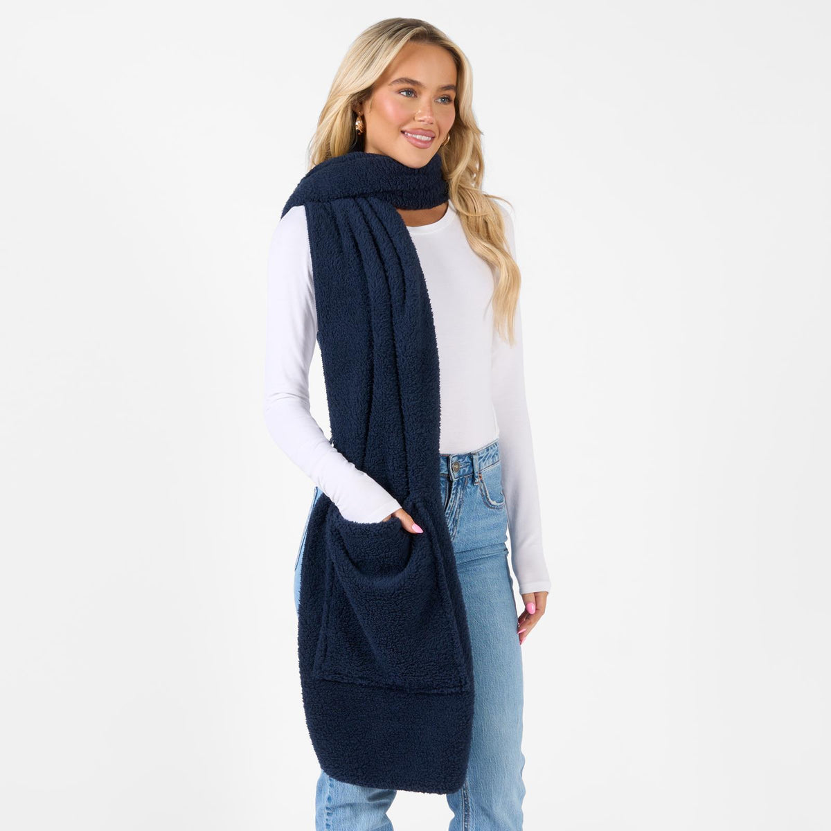 OHS Long Teddy Fleece Scarf Pocket Soft Wrap Plush Womens Shawl Neck Hand Warmer
