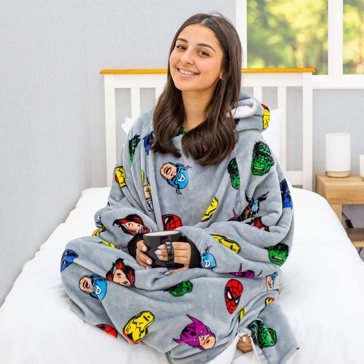 Marvel Comics Hoodie Blanket Sherpa Fleece Soft Oversized Jumper Throw, Grey
