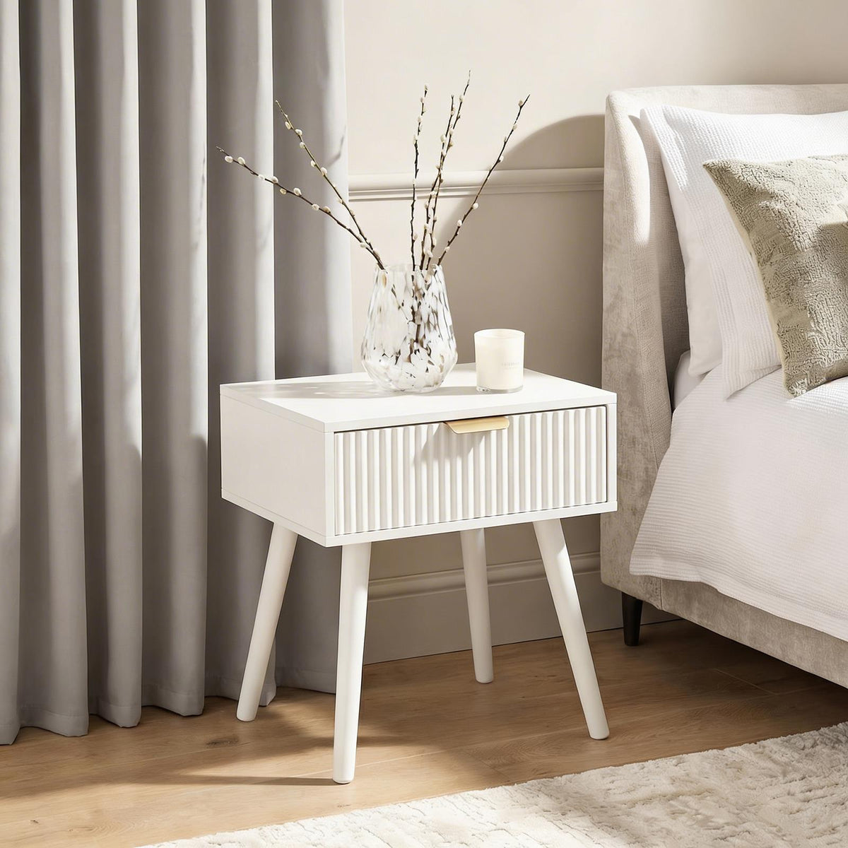 OHS Ribbed Bedside Nightstand 1 Drawer Storage Unit Wooden End Table