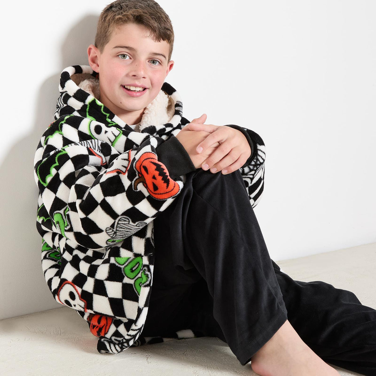 OHS Kids Hoodie Blanket Halloween Prints Sherpa Lined Wearable Throw