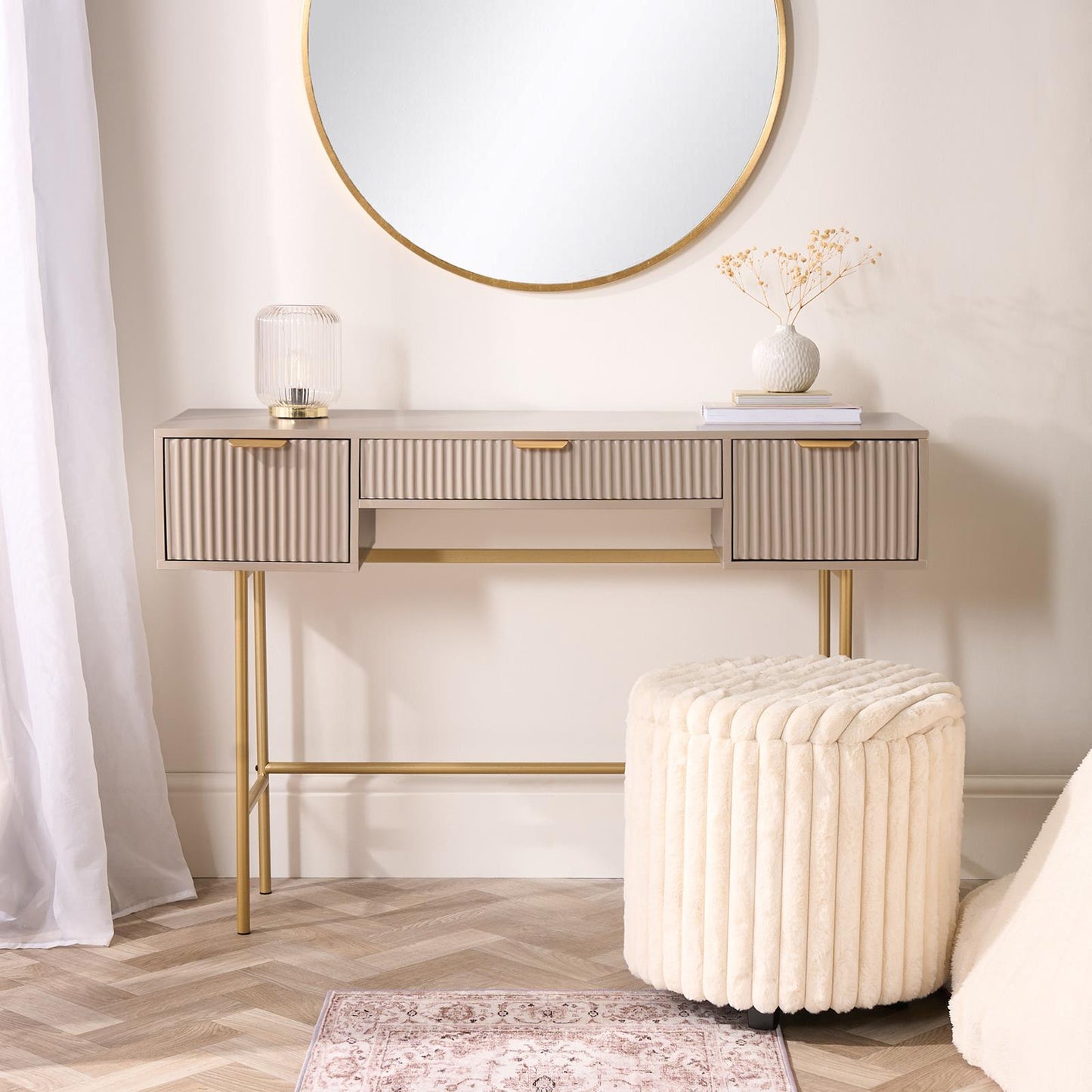 OHS Ribbed Dressing Table Engineered Wood Makeup Vanity Desk with 3 Drawers