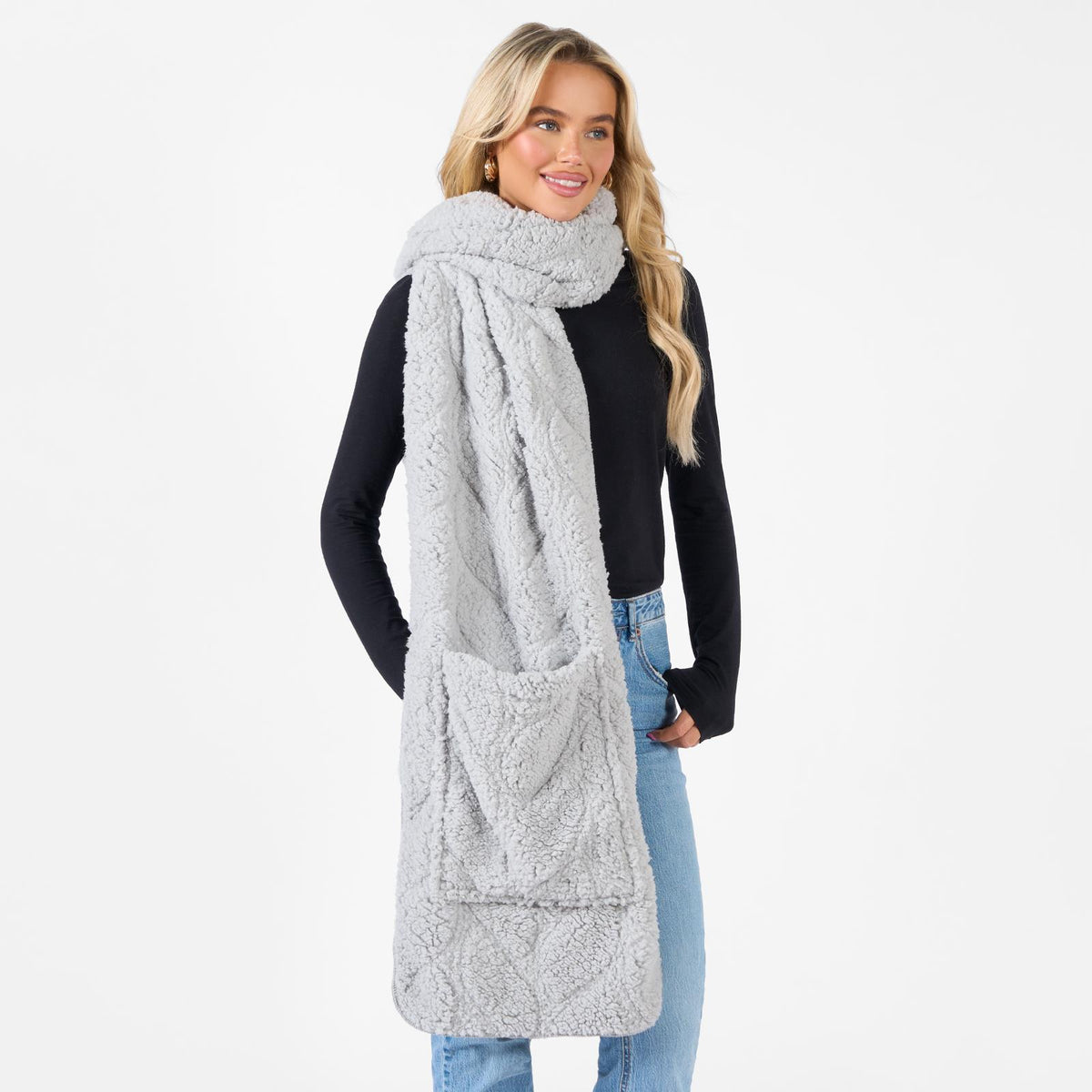 Braided Fleece Scarf Long Supersoft Thermal Pockets Shawl Wrap Hand Neck Warmer