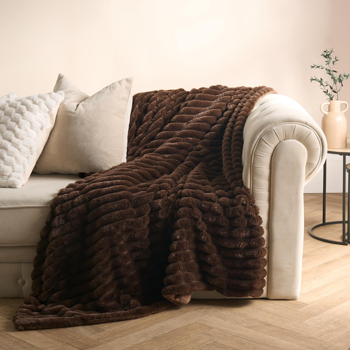 OHS Faux Fur Ribbed Fleece Throw Over Bed Blanket Warm Supersoft