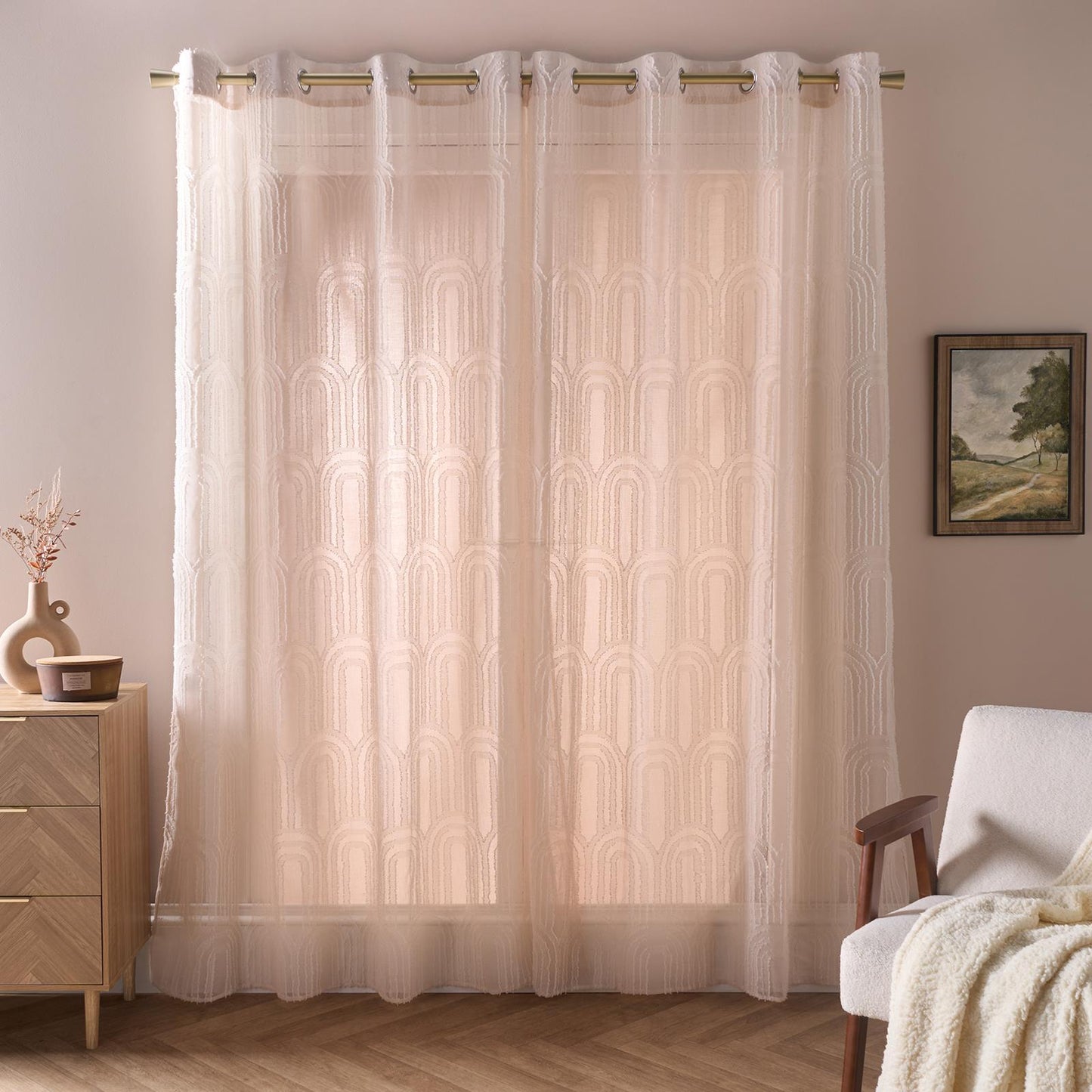 OHS Tufted Arches Voile Net Curtains Pair of 2 Window Panels Slot Top Set