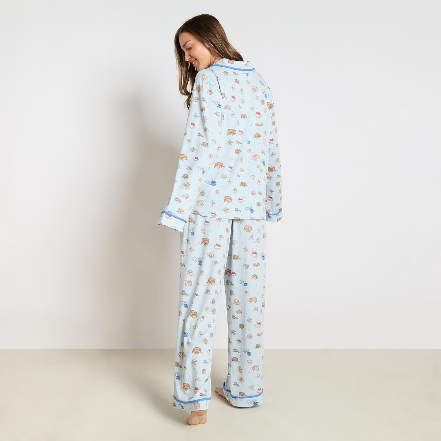 OHS Printed Piped Pyjama Set Jersey Button Through Nightwear Loungewear